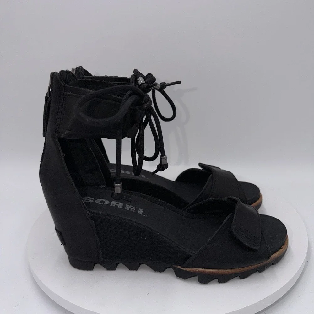 Sorel Joanie Black Leather Ankle Lace Up Wedge Heels Sandals Women's Size 9